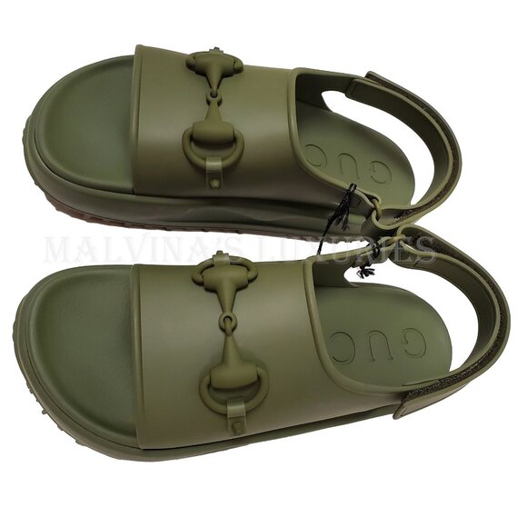 GUCCI SHOES MEN GREEN RUBBER HORSEBIT FLATFORM SANDALS sz 11 / 11.5 - Picture 4 of 16
